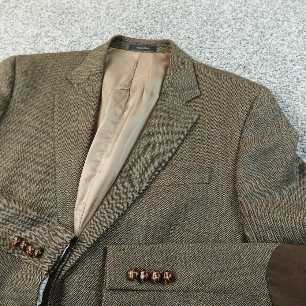 Ralph Lauren Blazer Mens 42L Brown Herringbone Tweed Elbow Patch Coat Jacket Top